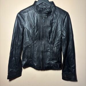 Y2K Womens Fitted Black Leather Moto Jacket Arden B Cafe Racer Biker Small